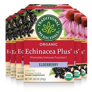 Traditional Medicinals Organic Herbal Kosher Echinacea Plus w/Elderberry Non-GMO, Fair-Trade, Caffeine-Free Herbal Tea (Case of 6) 16 Tea Bags