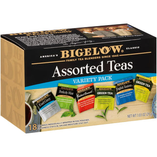 Bigelow Tea Herbal Kosher Assorted Variety Pack consisting of: Bigelow Earl Grey, Perfectly Mint, Constant Comment, Green Tea, English Teatime Caffeinated Green & Black Tea (Case of 6)18 Tea Bags