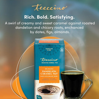 Teeccino Organic Herbal Kosher-Parve Dandelion Blend Caramel Nut w/Carob, Chicory, Dandelion Root, Figs, Almonds, Natural Flavor Plant-Based, Caffeine-Free Herbal Tea (Case of 6)10 Tea Bags