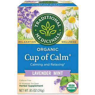 Traditional Medicinals Organic Herbal Kosher Lavender Mint "Cup of Calm" w/Passion Flower, Chamomile Flower, English Lavender Flower, Herbal Supplements, GMO-Free, Fair-Trade, Caffeine-Free Herbal Tea (Case of 6) 16 Tea Bags