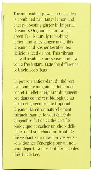 Uncle Lee's Tea USDA Organic Certified Lemon Ginger Green Tea, 100% Natural Premium Green Tea Bags, Fresh Flavor, Plant-Based, Enjoy w/Honey, Hot Tea or Iced Tea Beverages Sugar-Free Caffeine-Free Herbal Tea (Pack of 1) 18 Tea Bags