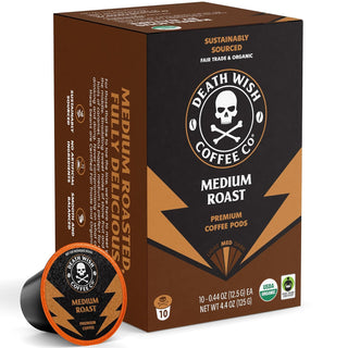 Death Wish Organic Medium Roast Arabica & Robusta Ground Beans w/Notes of Cherry & Chocolate Fair-Trade Single Serve Cup Caffeinated Coffee (Case of 6)10 K-Cup Pods