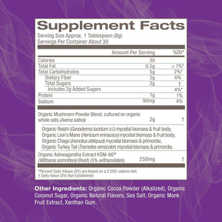 OM MUSHROOM SUPERFOOD USDA Organic, Kosher Hot Chocolate Functional Mushroom Blend w/Lion's Mane, Reishi, Chaga, Turkey Tail & Ashwagandha, Dutch Cocoa, Vegan Non-GMO, Gluten-Free "Focus and Stress Support" Superfood Mix (Pack of 1) 8.47oz Canister