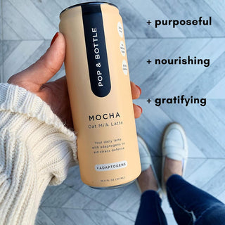 Pop & Bottle, USDA Organic Certified Oat Milk Lattes - w/Adaptogens, Maca, Ashwagandha, MCT Oil, Oat Milk & Lightly Sweetened w/Dates & Mocha, Dairy Free, Gluten Free, Fair-Trade, Direct-Trade Great as Cold Brew Caffeinated Coffee (12 Pack) 8oz Can