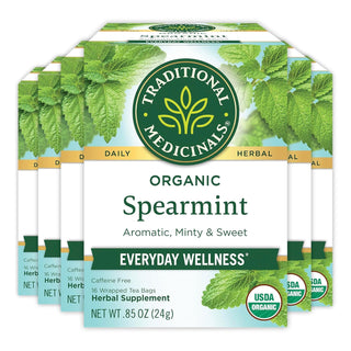 Traditional Medicinals Organic Herbal Kosher Spearmint w/Herbal Supplements, Spearmint Leaf GMO-Free, Fair-Trade, Naturally Caffeine-Free Herbal Tea (Case of 6) 16 Tea Bags
