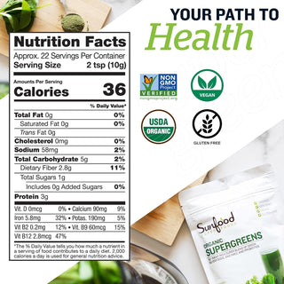 Sunfood Superfood Organic Super Greens Powder, Organic Green Juice/Smoothie Mix w/Digestive Enzymes Probiotic for Gut Health, Good Source of Liquid Chlorophyll, Spirulina Chlorella Superfood Mix (Pack of 1) 8oz Bag