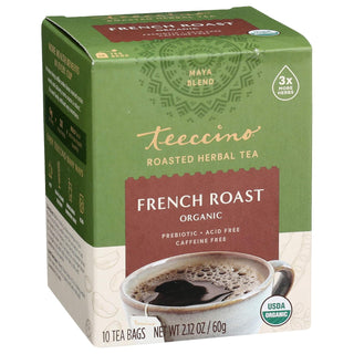 Teeccino Organic Herbal French Roast Herbal Coffee Dark Roast w/Carob, Barley, Chicory, Ramón Seeds, Natural Flavor, Dairy-Free, Gluten-Free Vegan, Yeast-Free Caffeine-Free Herbal Tea (Case of 6) 10 Tea Bags