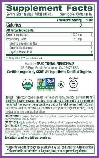 Traditional Medicinals Organic Herbal Kosher Smooth Move w/Senna Leaf, Peppermint, Non-GMO, Naturally Caffeine-Free Herbal Tea (Case of 6) 16 Tea Bags