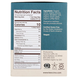 Teeccino Organic Herbal Kosher Chicory, Dandelion Dark Roast w/Carob, Dandelion Root, Ramón Seeds & Natural Coffee Flavor, Gluten-Free, Vegan, Caffeine-Free Herbal Tea (Case of 6) 10 Bag