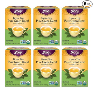 Yogi Organic Herbal Kosher, Pure Green Decaf, Non-GMO, Vegan, Supports Vitality Caffeine-Free Green Tea (Case of 6) 16 Tea Bags