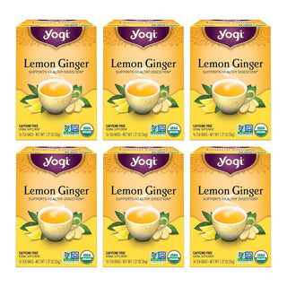 Yogi Organic Herbal Kosher 100% Natural Tea Lemon Ginger w/Ginger Root, Lemongrass, Licorice Root, Peppermint Leaf, Non-GMO, Caffeine-Free Herbal Tea (Case Of 6) 16 Tea Bags