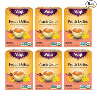 Yogi Organic Herbal Kosher Detox Peach w/Herbal Supplements, Ginger Root, Dandelion Root, Long Pepper Berry, Black Pepper, Peach Flavor, Fo-Ti Root, GMO-Free, Vegan, Caffeine-Free Green Tea (Case of 6) 16 Tea Bags