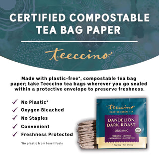 Teeccino Organic Herbal Kosher Chicory, Dandelion Dark Roast w/Carob, Dandelion Root, Ramón Seeds & Natural Coffee Flavor, Gluten-Free, Vegan, Caffeine-Free Herbal Tea (Case of 6) 10 Bag