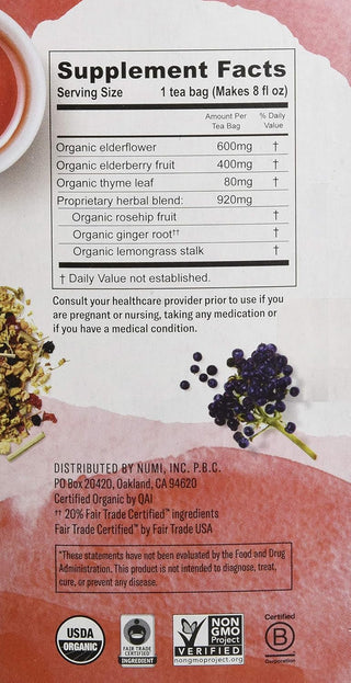 Numi Tea - Organic Herbal Kosher Immune Support Elderflower, Elderberry, Thyme, Dairy-Free, Gluten-Free, GMO-Free, Fair-Trade, Wheat-Free, Yeast-Free Herbal Tea (Case of 6) 16 Tea Bags
