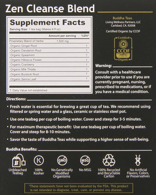 Buddha Teas Organic Kosher Herbal, Zen Cleanse Blend w/Earthy Flavors of Senna Leaf, Burdock, Milk Thistle, Cranberry, Hibiscus Flower, Spearmint & Dandelion Root, GMO-Free, Caffeine-Free Herbal Tea (Case of 6) 18 Tea Bags