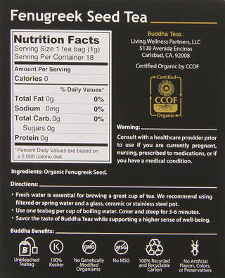 Buddha Teas Organic Herbal Kosher Fenugreek Seed, CCOF Organic, Clean Ingredients, GMO-Free, Bleach-Free Caffeine-Free Green Tea (Case of 6) 18 Tea Bags