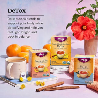Yogi Organic Herbal Kosher Detox Peach w/Herbal Supplements, Ginger Root, Dandelion Root, Long Pepper Berry, Black Pepper, Peach Flavor, Fo-Ti Root, GMO-Free, Vegan, Caffeine-Free Green Tea (Case of 6) 16 Tea Bags