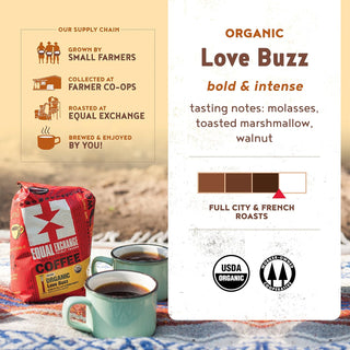 Equal Exchange Organic 100% Arabica Medium-Light Whole Bean Love Buzz w/Notes of Molasses, Toasted, Marshmallows & Walnuts Caffeinated Coffee (Case of 6)12oz Bags