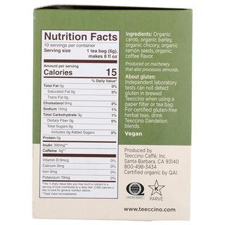 Teeccino Organic Herbal French Roast Herbal Coffee Dark Roast w/Carob, Barley, Chicory, Ramón Seeds, Natural Flavor, Dairy-Free, Gluten-Free Vegan, Yeast-Free Caffeine-Free Herbal Tea (Case of 6) 10 Tea Bags
