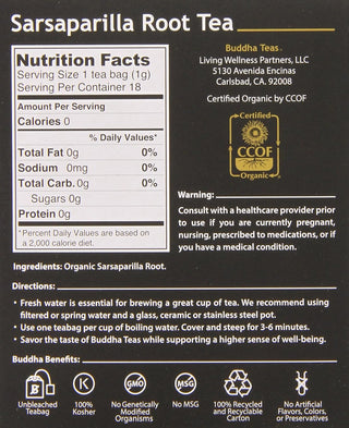 Buddha Teas Organic Kosher Herbal Sarsaparilla Root w/Fresh Certified Organic Herbs, Bleach-Free, Dioxin-Free, Non-GMO, Zero-Calories, Caffeine-Free Herbal Tea (Case of 6) 18 Tea Bags