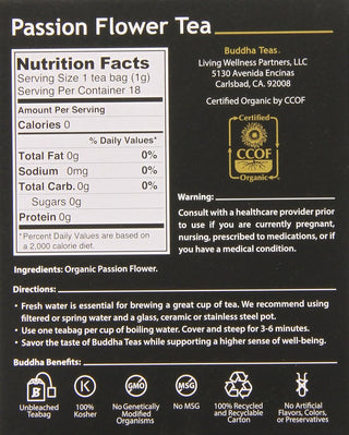 Buddha Teas Organic Herbal Kosher Passion Flower w/Herbal Supplement, Antioxidant, Bleach Free & Dioxin Free GMO-Free, Caffeinated Herbal Tea (Case of 6) 18 Tea Bags