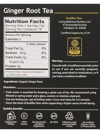 Buddha Teas Organic Herbal Kosher Ginger Root, Rich in Essential Vitamins, Minerals, Antioxidants, Health, Wellbeing, Non-GMO, Yeast-Free Caffeine-Free Herbal Tea (Case of 6)18 Tea Bags