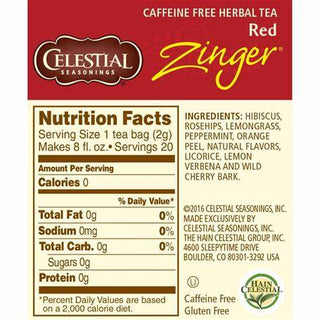 Celestial Seasonings Herbal Kosher Red Zinger w/Hibiscus, Rosehips, Lemongrass, Peppermint, Orange Peel, Lemon Verbena & Wild Cherry Bark, Gluten-Free Caffeine-Free Herbal Tea (Case of 6) 20 Tea Bags