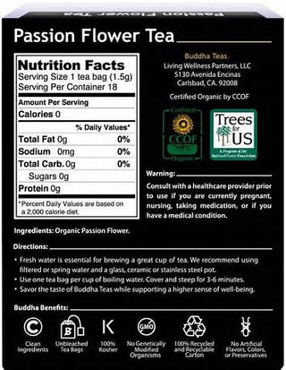 Buddha Teas Organic Herbal Kosher Passion Flower w/Herbal Supplement, Antioxidant, Bleach Free & Dioxin Free GMO-Free, Caffeinated Herbal Tea (Case of 6) 18 Tea Bags
