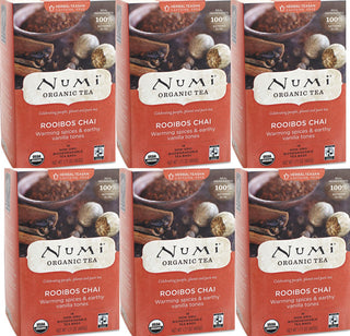 Numi Organic Herbal Tea Rooibos Chai w/Sultry Spice, Piquant Cloves, Nutmeg, Cinnamon, Mingle, Sweet Allspice, Ginger, Cardamom Caffeinated Herbal Tea (Case of 6) 18 Tea Bags
