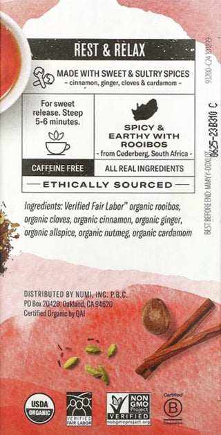 Numi Organic Herbal Tea Rooibos Chai w/Sultry Spice, Piquant Cloves, Nutmeg, Cinnamon, Mingle, Sweet Allspice, Ginger, Cardamom Caffeinated Herbal Tea (Case of 6) 18 Tea Bags