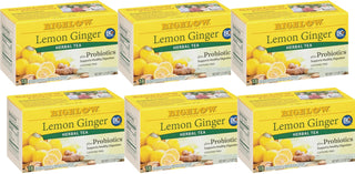 Bigelow Tea Herbal Premium Classic Plus Lemon Ginger w/Probiotic BC-30, Lemongrass, Lemon Peel, Lemon Verbena, Rosehip, Cinnamon Green Tea (Case of 6) 18 Caffeine-Free Tea Bags