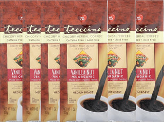 Teeccino Organic Herbal Mediterranean Vanilla Nut w/Carob, Barley, Chicory, Dates, Almonds, Figs, Natural Flavors Medium Roast Grind Caffeine-Free Coffee (Case of 6)11oz Bags