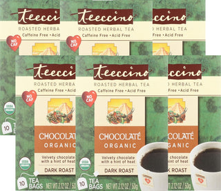 Teeccino Organic Herbal Kosher-Parve Dark Roast Chocolate w/Chicory, Barley, Ramón Seeds, Cocoa, Chile Flakes, Zero-Calories Caffeine-Free Herbal Tea (Case of 6) 10 Tea Bags