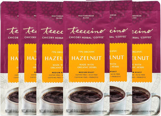 Teeccino Organic Herbal Kosher-Parve Chicory Mediterranean Hazelnut w/Carob, Barley, Dates, Almonds, Figs, Natural Flavor, Medium Roast Grind Caffeine-Free Coffee Alternative (Case of 6) 11oz Bags