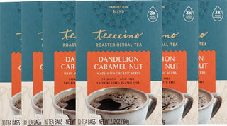 Teeccino Organic Herbal Kosher-Parve Dandelion Blend Caramel Nut w/Carob, Chicory, Dandelion Root, Figs, Almonds, Natural Flavor Plant-Based, Caffeine-Free Herbal Tea (Case of 6)10 Tea Bags