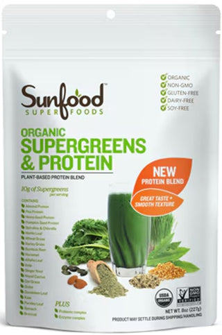 Sunfood Superfood Organic Super Greens Powder, Organic Green Juice/Smoothie Mix w/Digestive Enzymes Probiotic for Gut Health, Good Source of Liquid Chlorophyll, Spirulina Chlorella Superfood Mix (Pack of 1) 8oz Bag