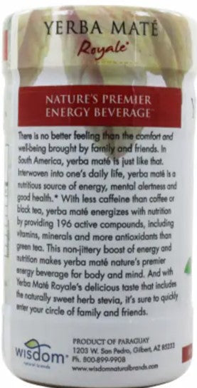 Wisdom Natural Organic Yerba Mate Royale Naturally Flavored w/Stevia, Variety of Antioxidants Caffeine-Free Instant Green Tea (Pack of 1) 2.82oz Canister