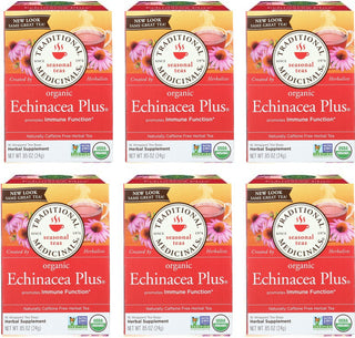 Traditional Medicinals Organic Herbal Kosher Echinacea Plus w/Herbal Supplements, Echinacea Roots, Gluten-Free, GMO-Free, Caffeine-Free Herbal Tea (Case of 6) 16 Tea Bags