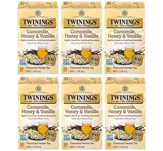 Twinings Tea Herbal Kosher Chamomile Honey & Vanilla W/Honey Flavours & Other Natural Flavours, Caffeine-Free Green Tea (Case of 6) 20 Tea Bags