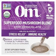 OM MUSHROOM SUPERFOOD USDA Organic, Kosher Hot Chocolate Functional Mushroom Blend w/Lion's Mane, Reishi, Chaga, Turkey Tail & Ashwagandha, Dutch Cocoa, Vegan Non-GMO, Gluten-Free "Focus and Stress Support" Superfood Mix (Pack of 1) 8.47oz Canister