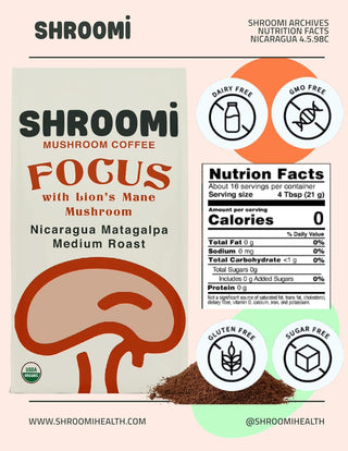 Shroomi Premium Ground Mushroom Coffee | Mental Performance Gourmet Coffee | Lion’s Mane, Reishi, Focus Blend | Certified Fair Trade, Medium Roast From Nicaragua Matagalpa Mushroom Coffee (Case of 12) 12oz Bags