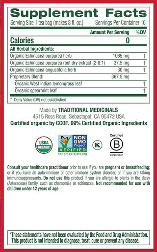 Traditional Medicinals Organic Herbal Kosher w/Herbal Supplements, Echinacea Plus GMO-Free, Naturally Caffeine-Free Herbal Tea (Case of 6) 16 Tea Bags