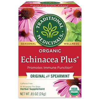 Traditional Medicinals Organic Herbal Kosher w/Herbal Supplements, Echinacea Plus GMO-Free, Naturally Caffeine-Free Herbal Tea (Case of 6) 16 Tea Bags