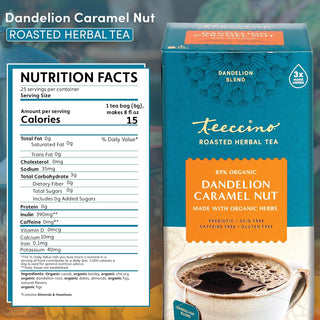 Teeccino Organic Herbal Kosher-Parve Dandelion Blend Caramel Nut w/Carob, Chicory, Dandelion Root, Figs, Almonds, Natural Flavor Plant-Based, Caffeine-Free Herbal Tea (Case of 6)10 Tea Bags